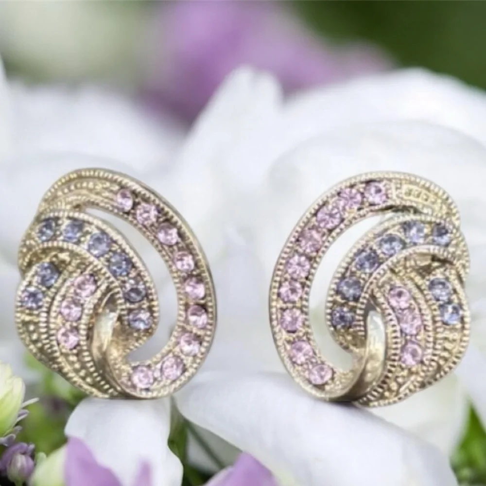 Vintage Earrings Sparkling Pink Purple Crystal Cubic Zirconia Formal Swirl Knot - Picture 16 of 16